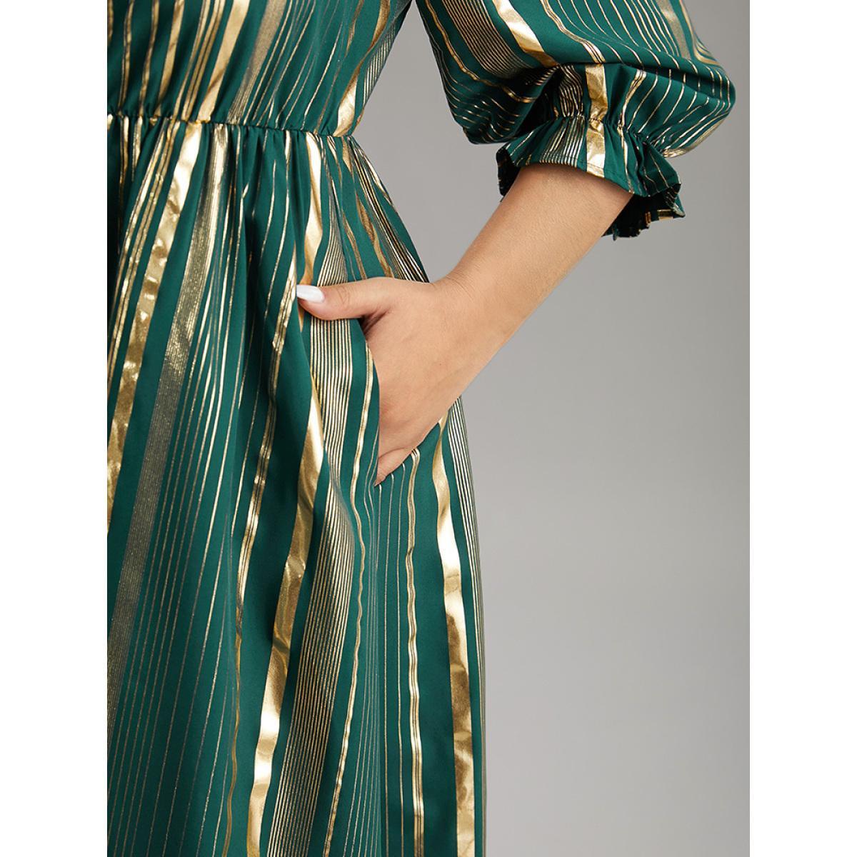 Plus Size Glitter Square Neck Pocket Elastic Waist Dress Cyan Women Party Gathered Square Neck Elbow-length sleeve Curvy Midi Dress BloomChic 26/4X Product Image