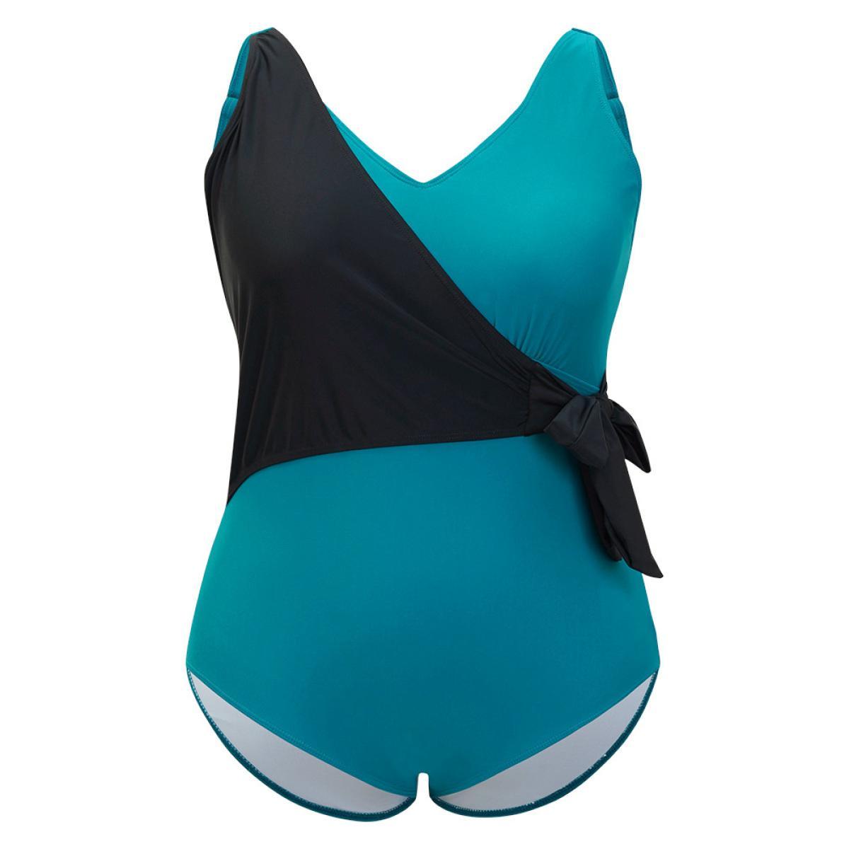 Plus Size Colorblock Contrast Knot Side V Neck One Piece Swimsuit Women's Swimwear Teal Vacation Adjustable Straps Curve Bathing Suits High stretch One Pieces BloomChic 26/4X Product Image