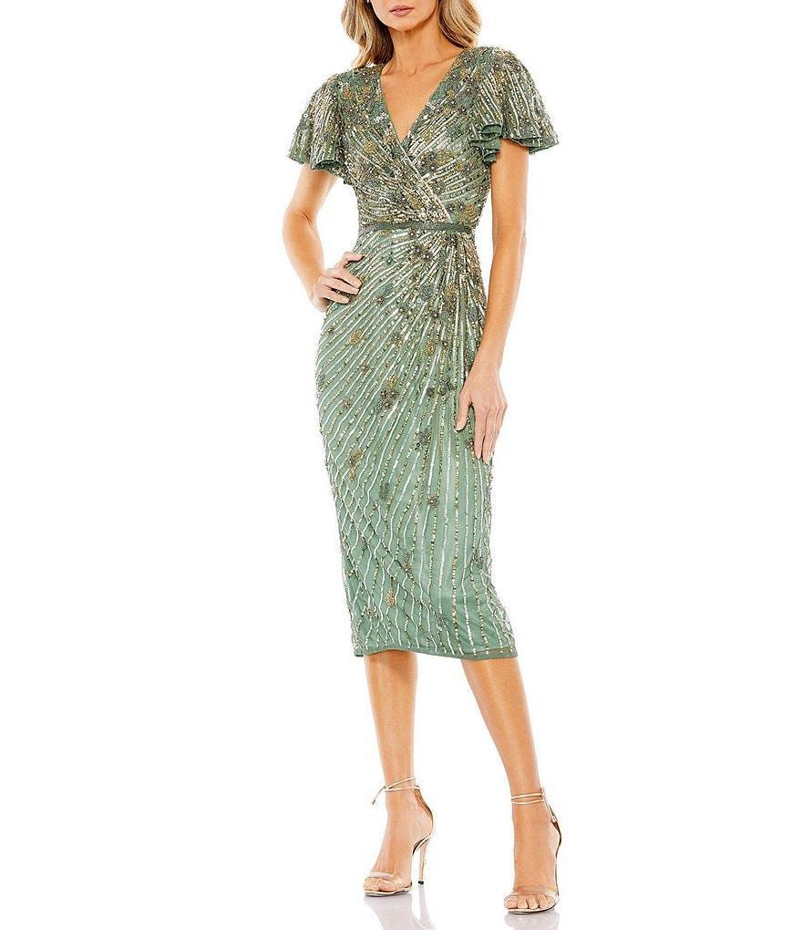 Mac Duggal Sequin Faux Wrap Bodice Short Flutter Sleeve Midi Sheath Dress Product Image