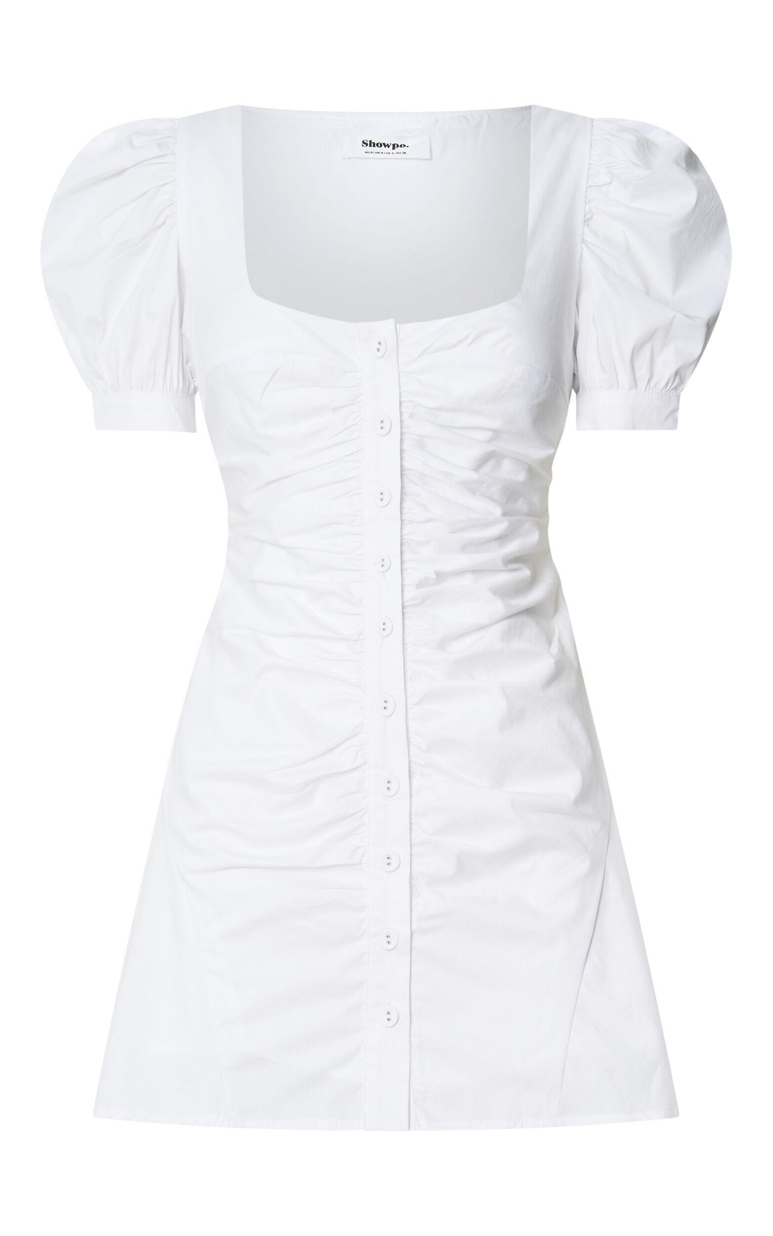 Mya Mini Dress - Scoop Neck Ruched Button Front Puff Sleeve Dress in White Product Image