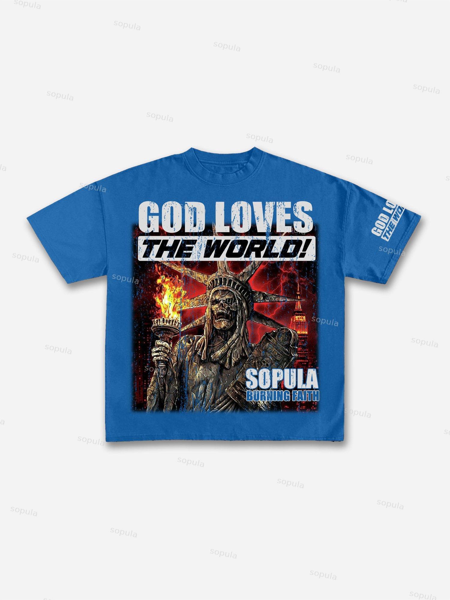 God Loves The World Burning Skull Statue Of Liberty Vintage Graphic Cotton T-shirt Product Image