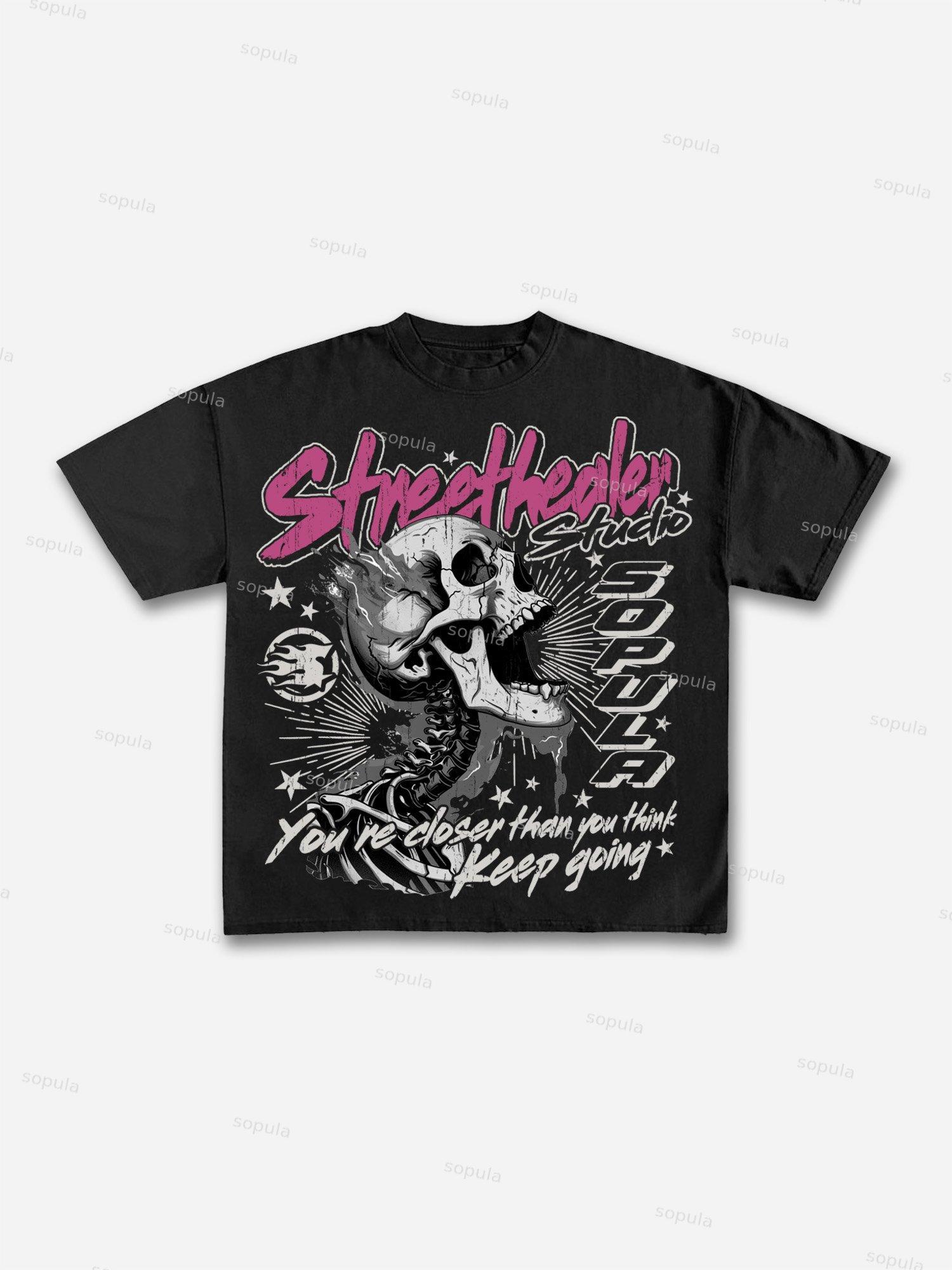Street Healer Flaming Skulls Old Vintage Graphic Cotton T-shirt Product Image