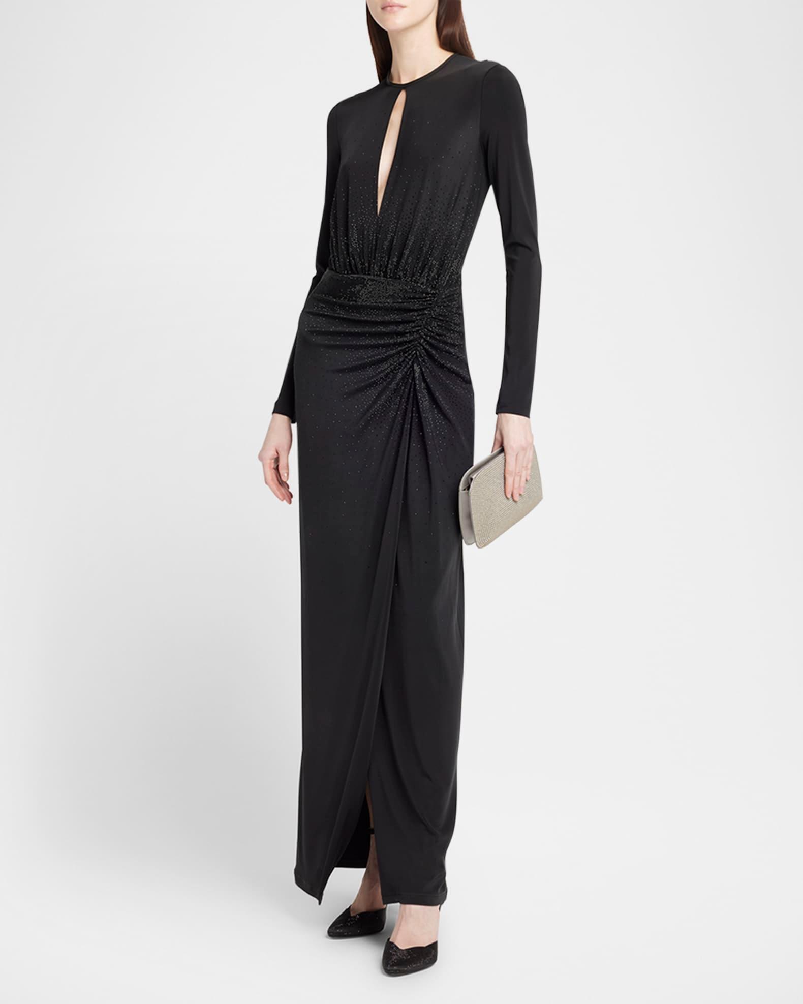 Keyhole Long-Sleeve Crystal Draped Jersey Gown Product Image