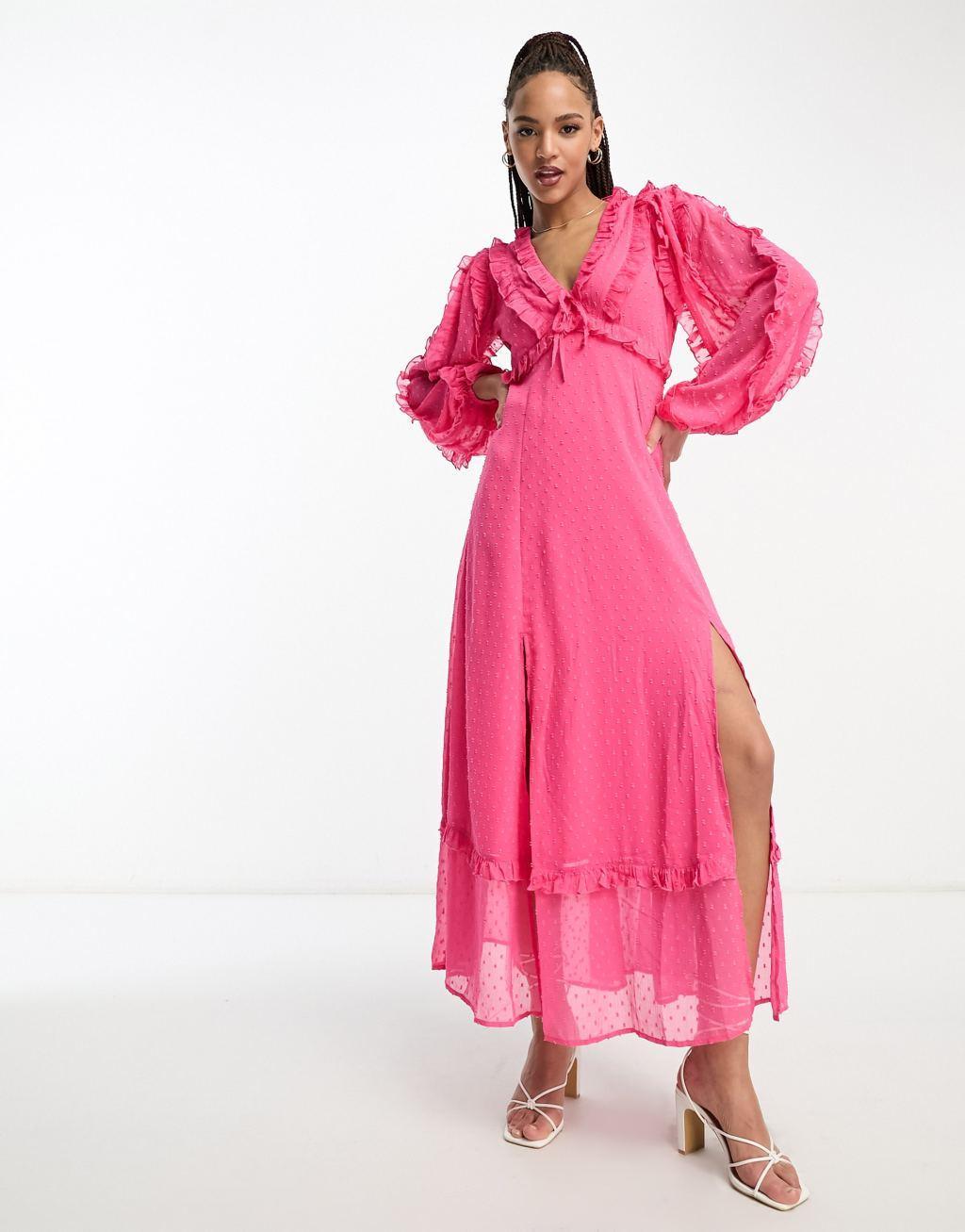 Miss Selfridge textured chiffon ruffle detail maxi dress Product Image