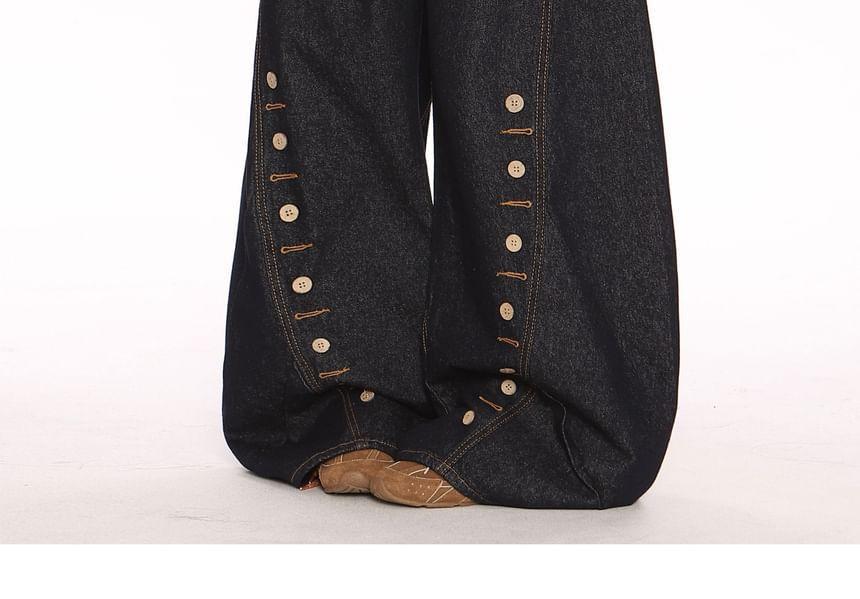 Mid Rise Plain Button Wide Leg Jeans Product Image
