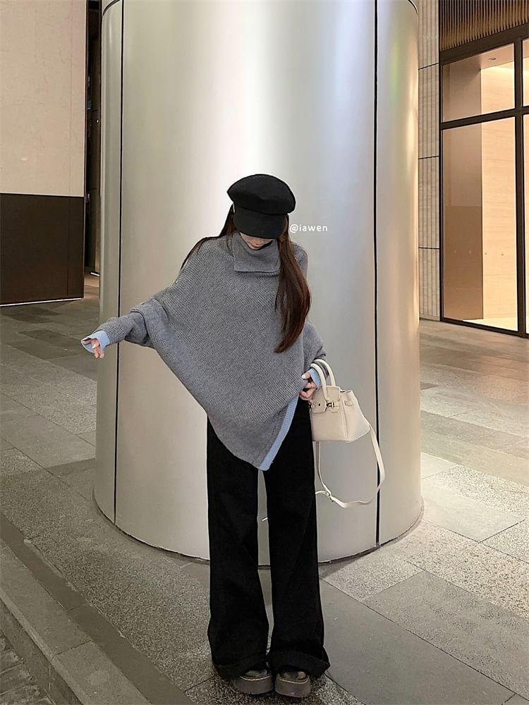 Turtleneck Batwing Sleeve Drop Shoulder Sweater / Mid Waist Flared Jeans Product Image