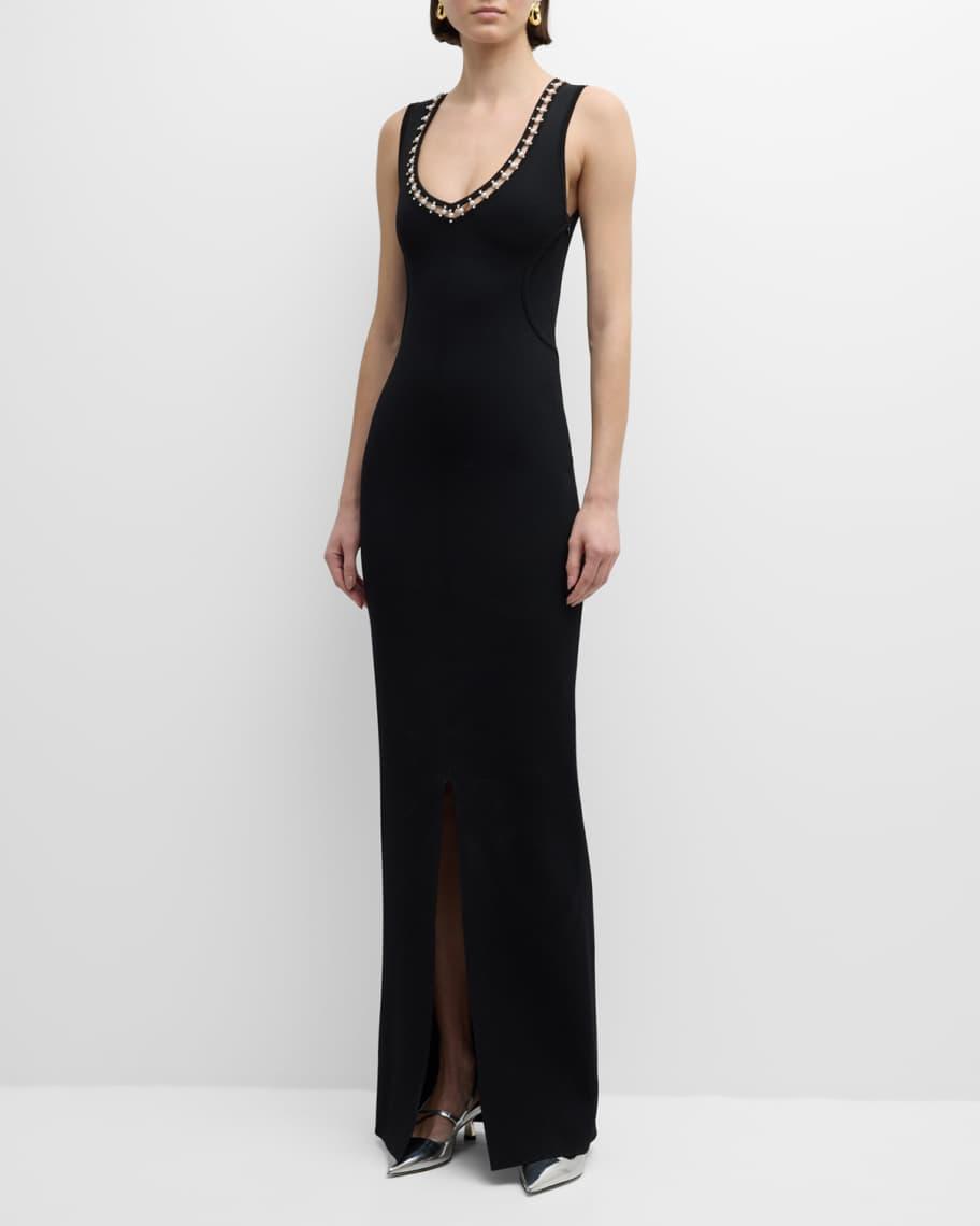 Crystal Embellished Sleeveless Stretch Viscose Milano Knit Gown Product Image