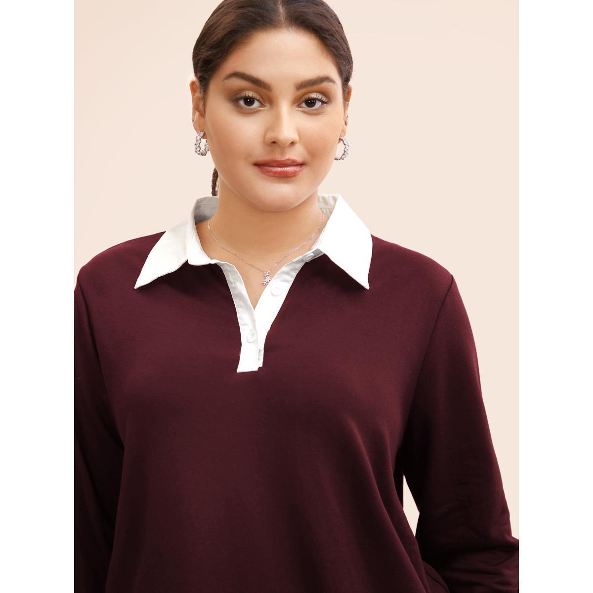 Plus Size 2-In-1 Shirt Collar Contrast Patchwork Sweatshirt Women Burgundy Work From Home Contrast Shirt collar Work Sweatshirts BloomChic 26/4X Product Image