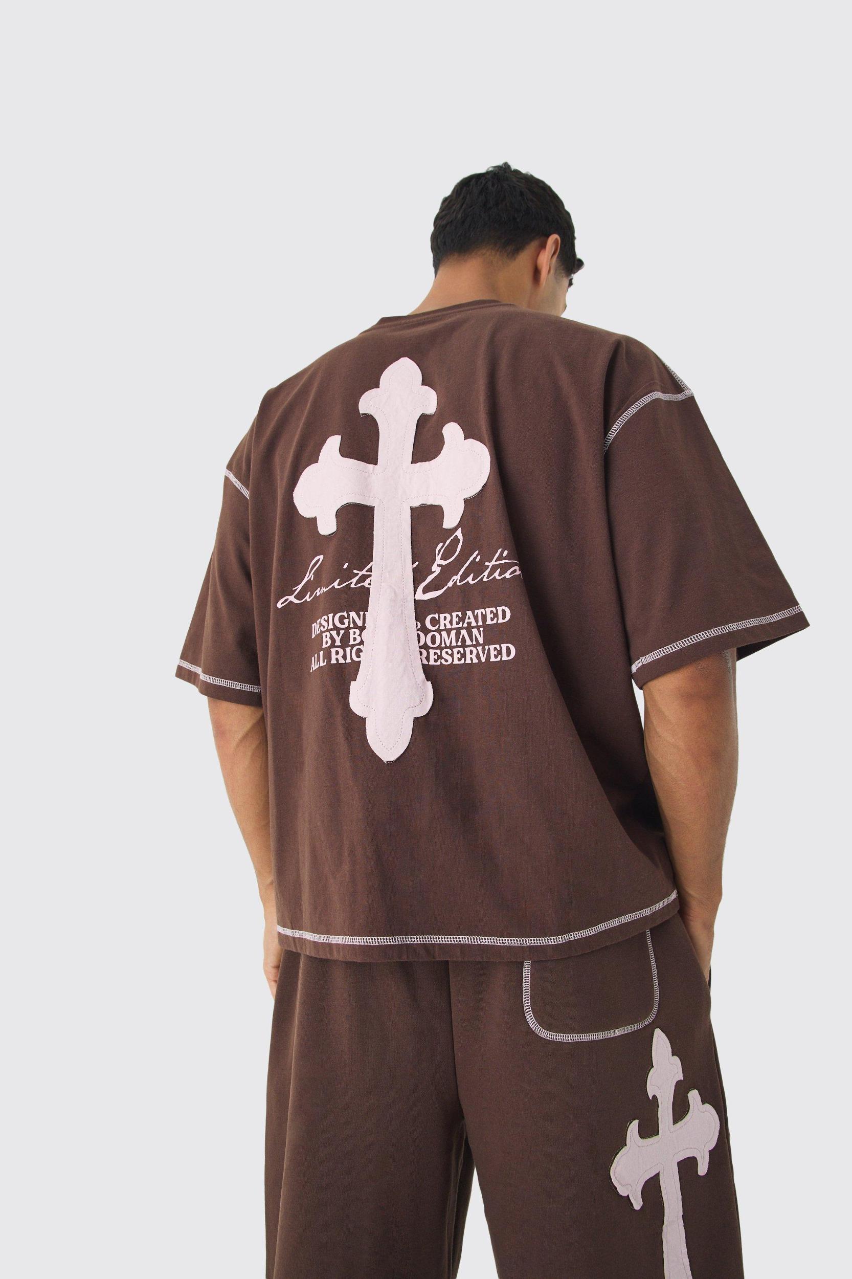 Mens Oversized Boxy Cross Applique Contrast Stitch Heavyweight T-Shirt - Black Product Image