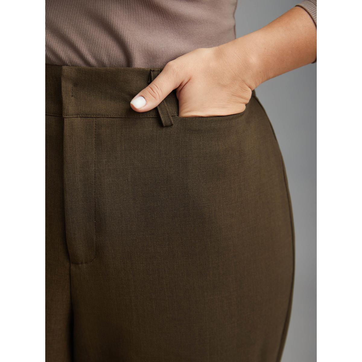 Plus Size Stretchy-Waist Decorative Pockets Straight-Leg Pants Women DarkBrown At the Office Straight Leg Mid Rise Work Pants BloomChic 12/L Product Image