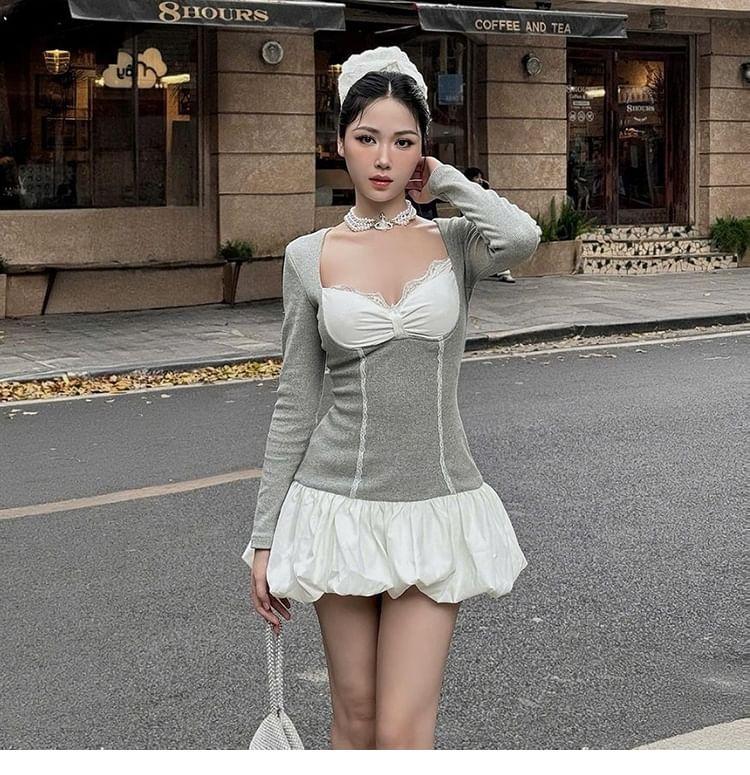 Long-Sleeve Two Tone Lace Trim Mini A-Line Dress Product Image