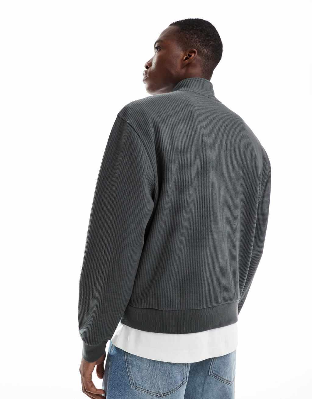 ASOS DESIGN oversized quarter zip funnel sweatshirt in waffle gray Product Image
