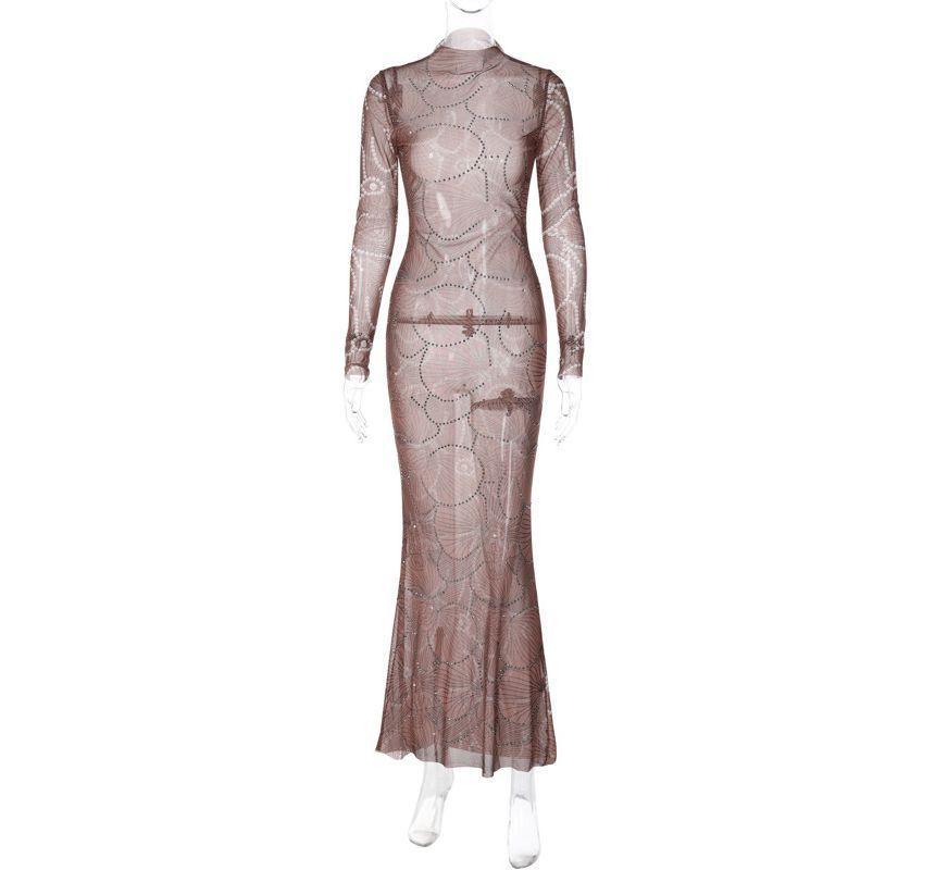 Long-Sleeve High Neck Sequined Floral Midi Mesh Bodycon Dress Product Image