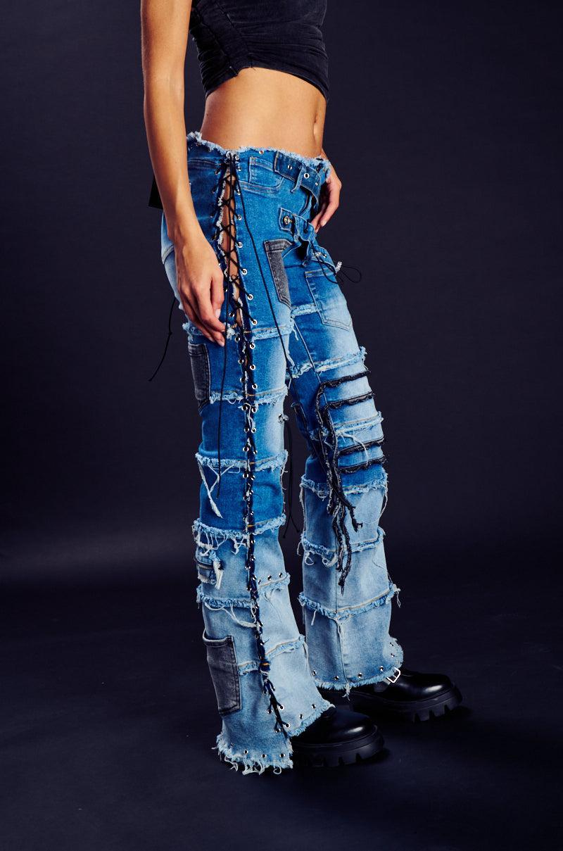 LAY LOW DISTRESSED DENIM FLARE PANT Product Image