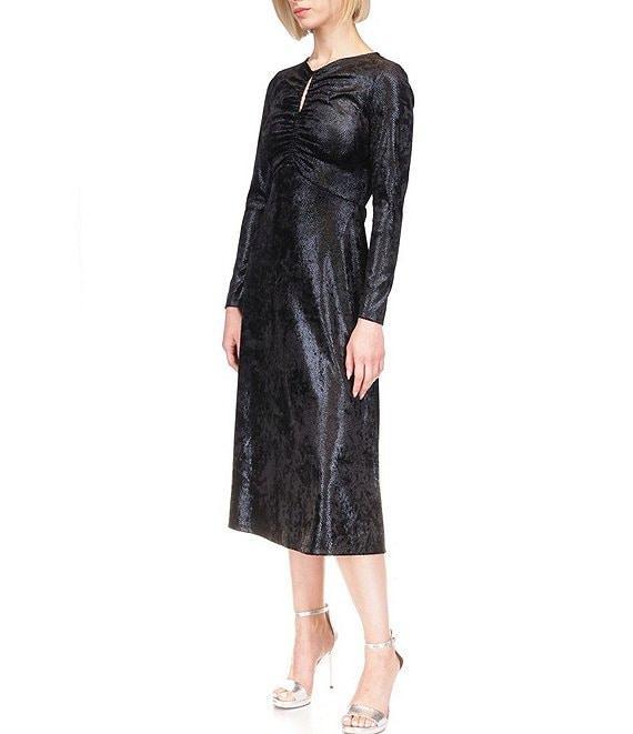 Michael Kors Foil-Printed Velvet Keyhole Crew Neck Long Sleeve Ruched A-Line Midi Dress Product Image
