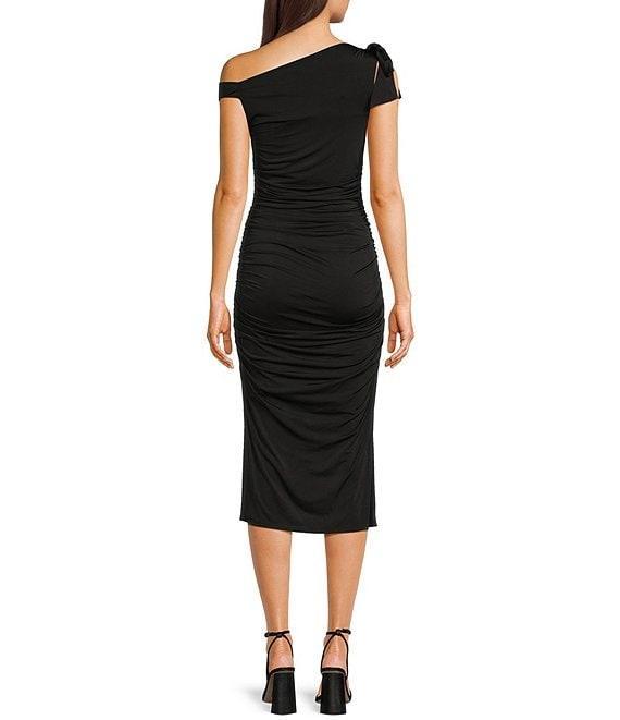 Next Up One Shoulder Bow Shirred Side Slit Midi Dress Product Image