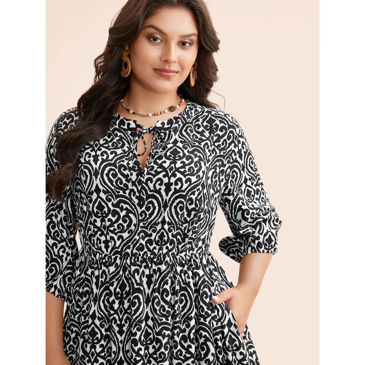 Plus Size Damask Print Tie Knot Puff Sleeve Dress BlackFlower Women Resort Tie knot V-neck Elbow-length sleeve Curvy BloomChic 14-16/1X Product Image