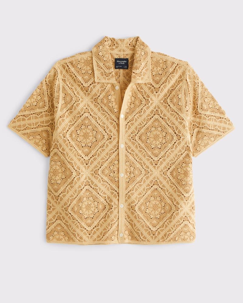 Crochet-Style Diamond Pattern Button-Through Sweater Polo Product Image