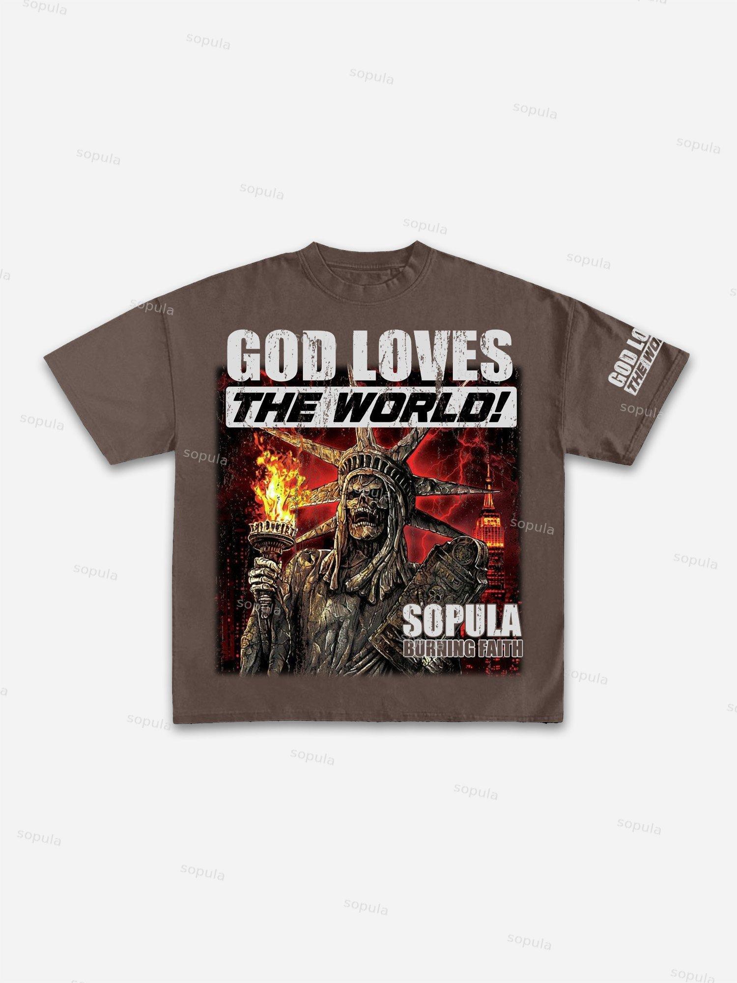 God Loves The World Burning Skull Statue Of Liberty Vintage Graphic Cotton T-shirt Product Image