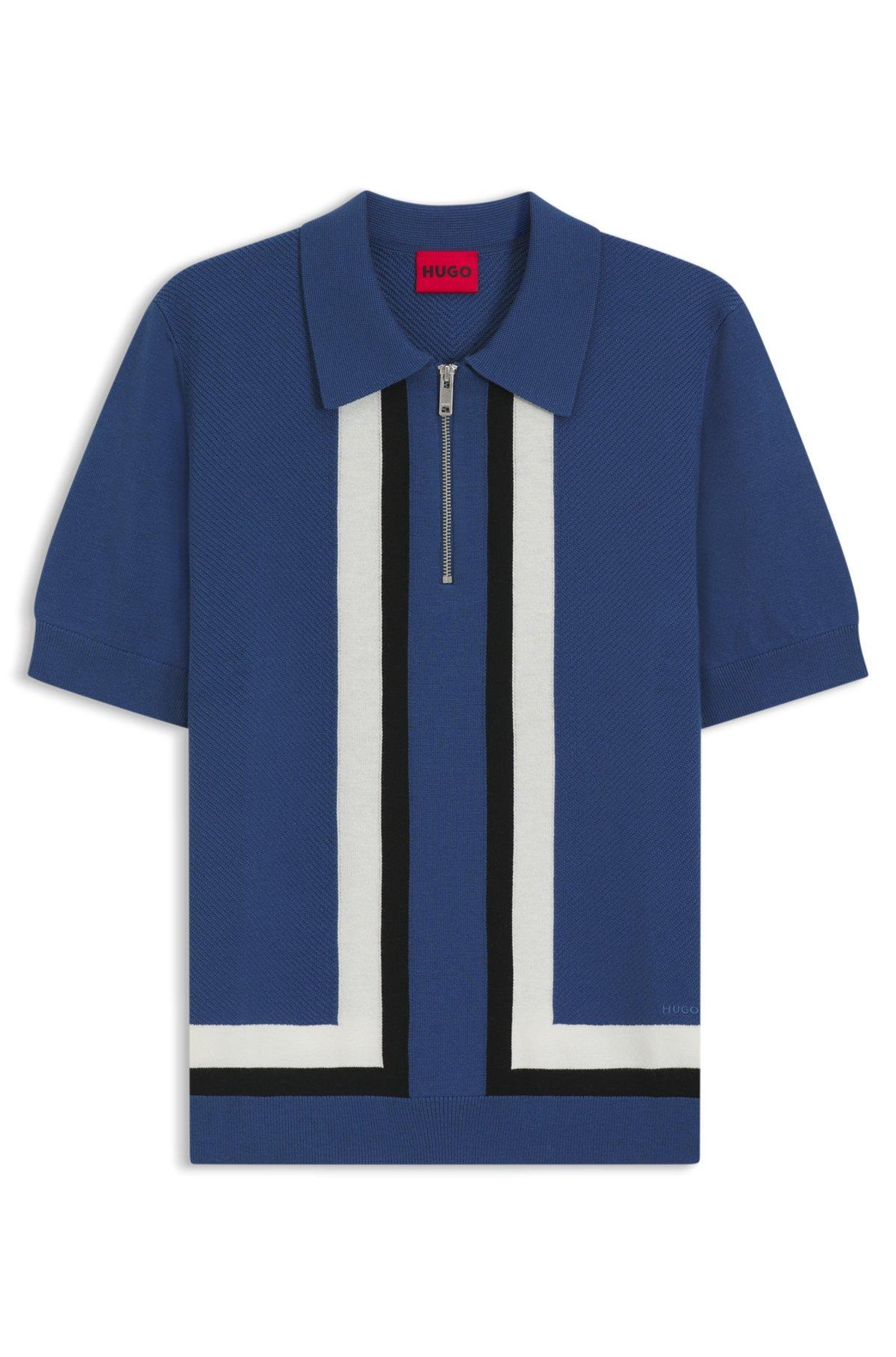 HUGO - Zip-neck knit sweater with stripe details - Blue Product Image