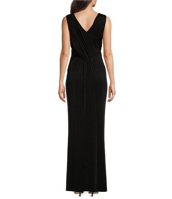 Donna Karan V-Neck Sleeveless Ruched Gold Broach Sheath Dress Product Image