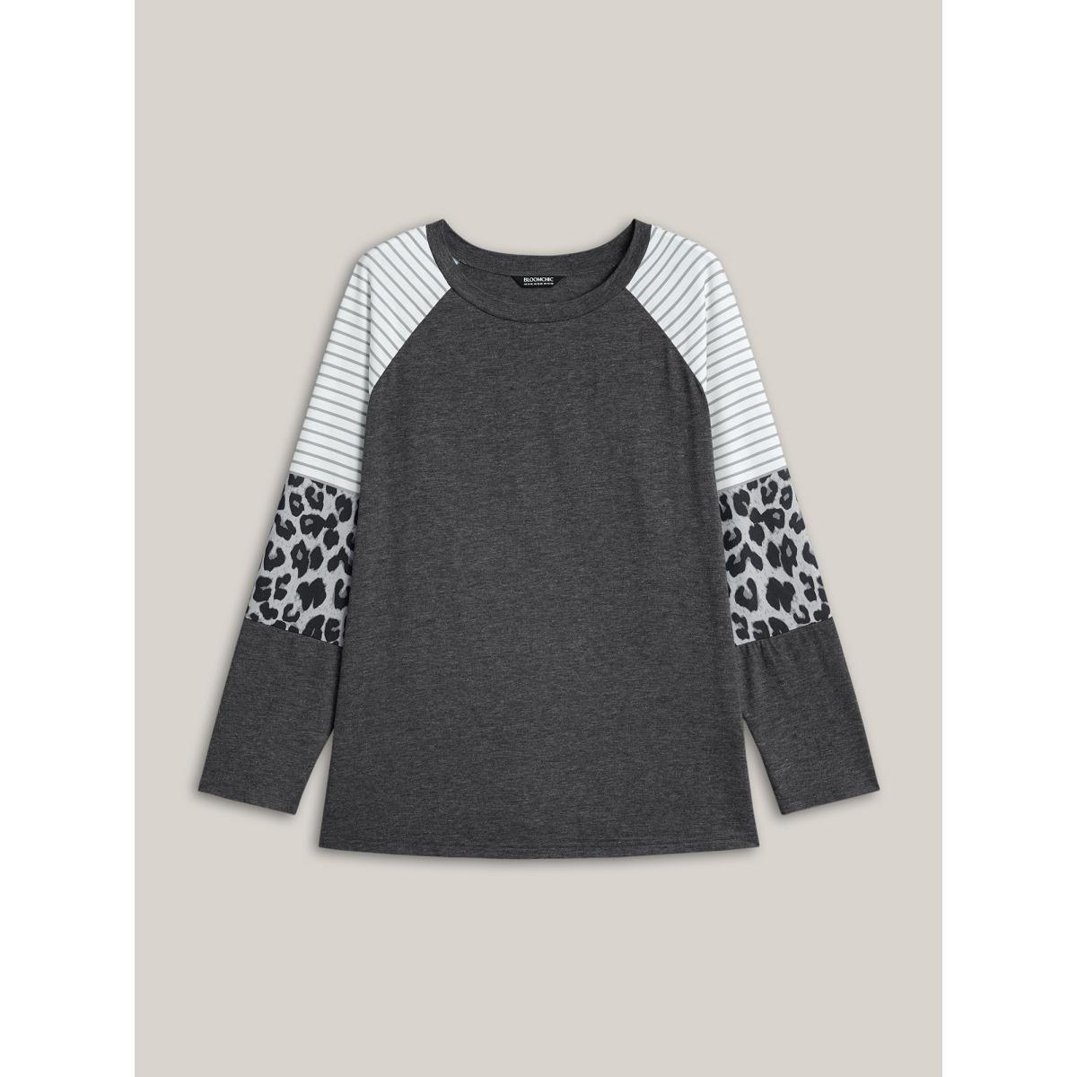 Plus Size Mixed Leopard Print Raglan Sleeve T-Shirt DimGray Women Casual Contrast Round Neck Everyday T-shirts BloomChic 22-24/3X Product Image