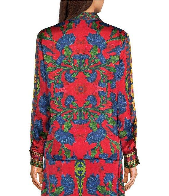 Chelsea & Violet Cora Satin Ikat Print Pointed Collar Button Front Shirttail Long Sleeve Coordinating Blouse Product Image