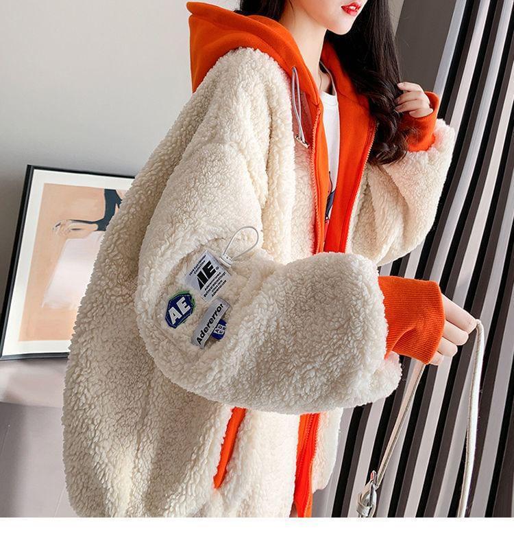 Applique Hood Panel Fleece Zip Jacket Product Image
