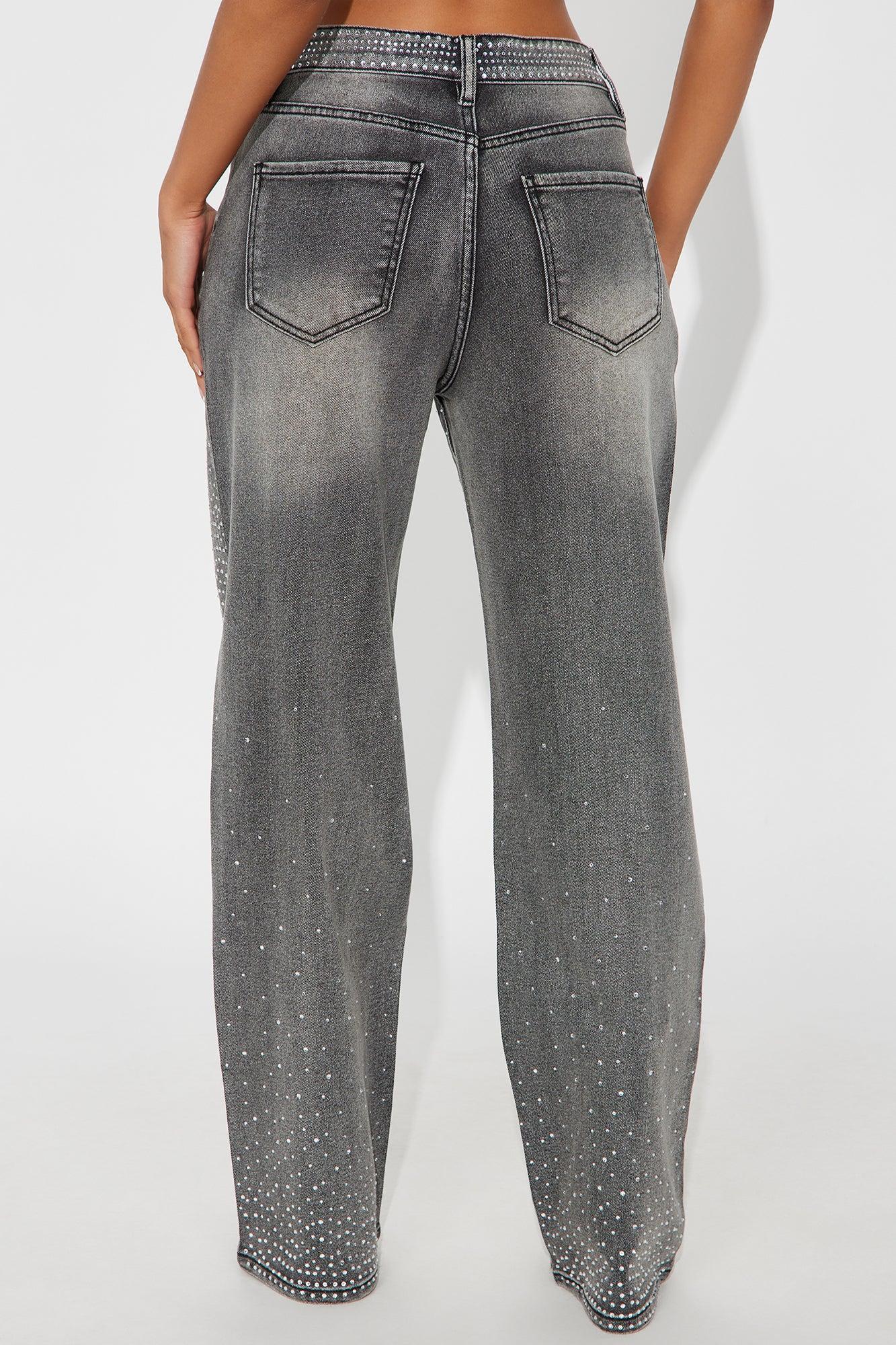 Chasing A Dream Embellished Stretch Straight Leg Jeans - Grey Product Image