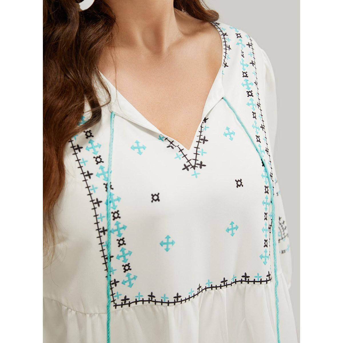 Plus Size Bandana Print Tassels Lantern Sleeve Pocket Midi Dress White Women Vacation Tassels Tie Neck Elbow-length sleeve Curvy Midi Dress BloomChic 30/6X Product Image