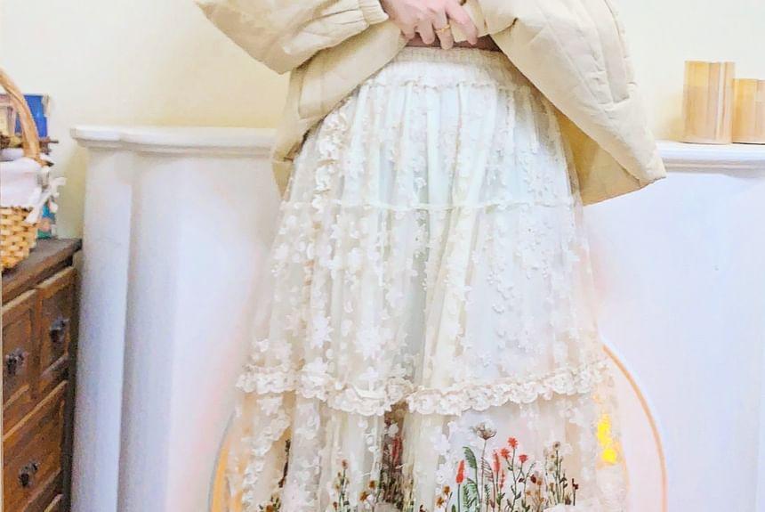 Elastic Waist Floral Embroidered Lace Midi A-Line Skirt Product Image