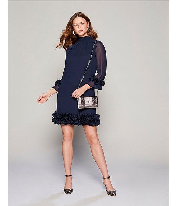 Alex Marie Amelia Smocked Turtleneck Floral Petal Detail Illusion Ruffle Trim 3/4 Sleeve Chiffon Dress Product Image