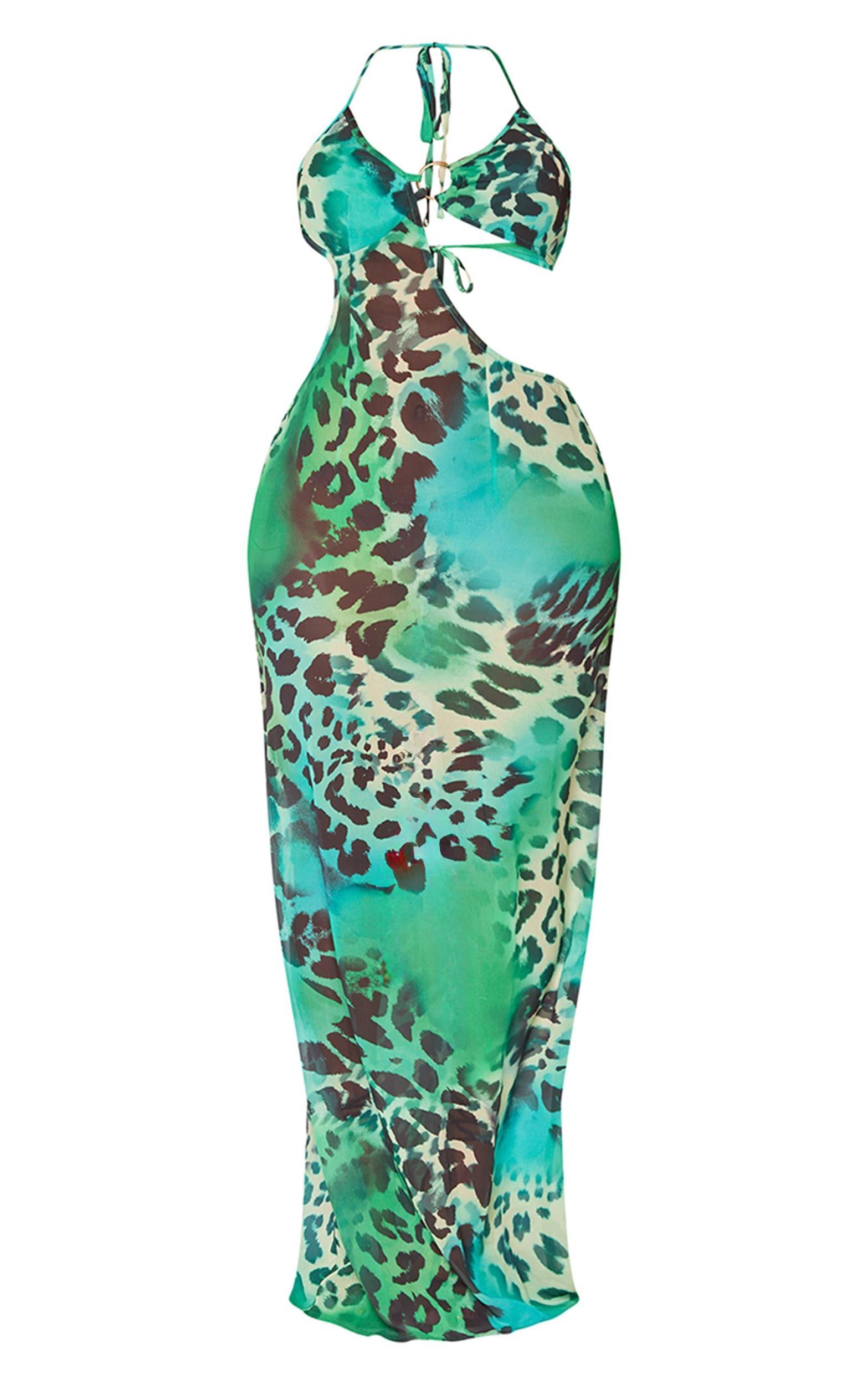 Shape Green Animal Printed Chiffon Ring Detail Maxi Dress Product Image