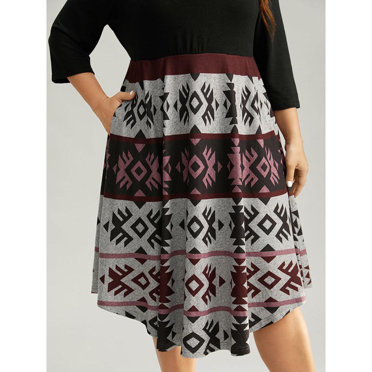 Plus Size Christmas Geometric Contrast Curved Hem Dress Black Women Casual Printed Round Neck Elbow-length sleeve Curvy Midi Dress BloomChic 30/6X Product Image