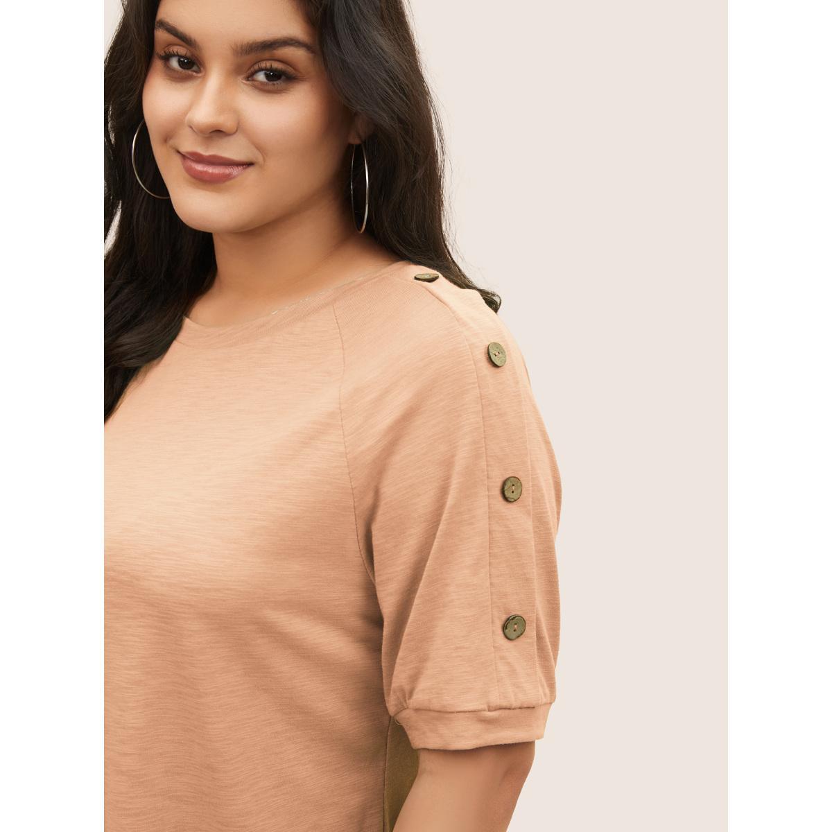 Plus Size Plain Button Detail Raglan Sleeve T-shirt Apricot Women Casual Non Plain Non Everyday T-shirts BloomChic 14-16/1X Product Image