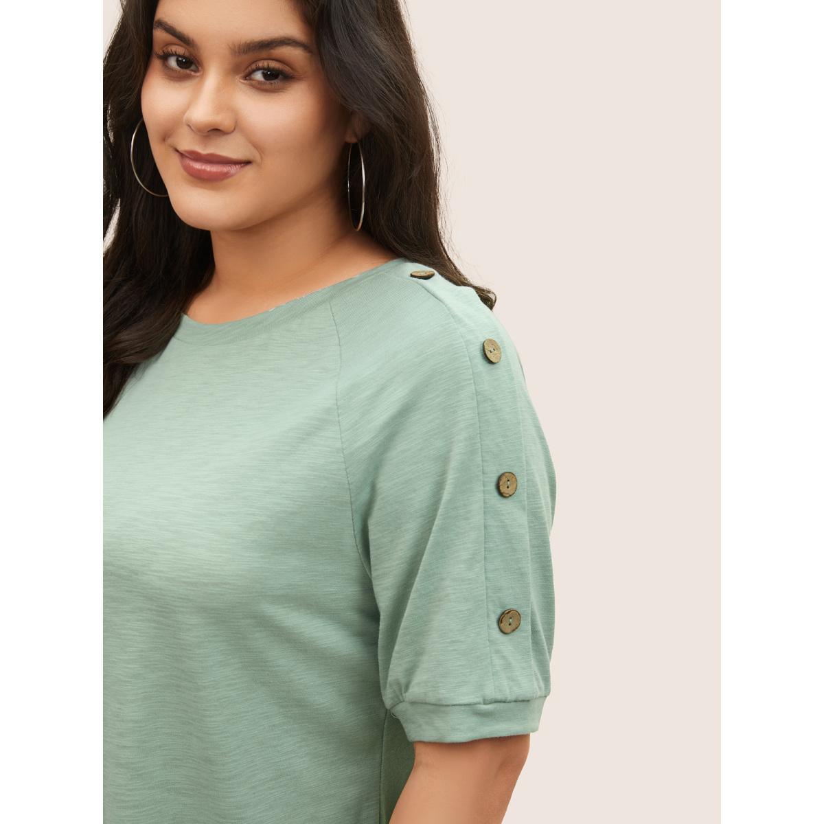Plus Size Plain Button Detail Raglan Sleeve T-shirt Mint Women Casual Non Plain Non Everyday T-shirts BloomChic 22-24/3X Product Image