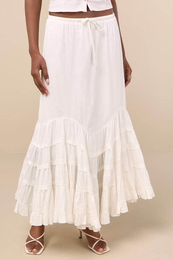 Bedelia Ivory Tiered Drawstring Maxi Skirt Product Image