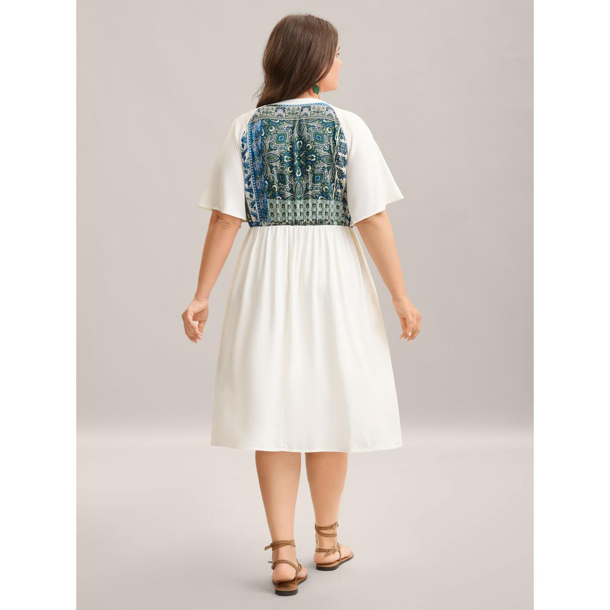 Plus Size Rayon Boho Print Asymmetrical Waist Midi Dress Skyblue Women Flat collar with V-notch Sleeveless Curvy BloomChic 14-16/1X Product Image