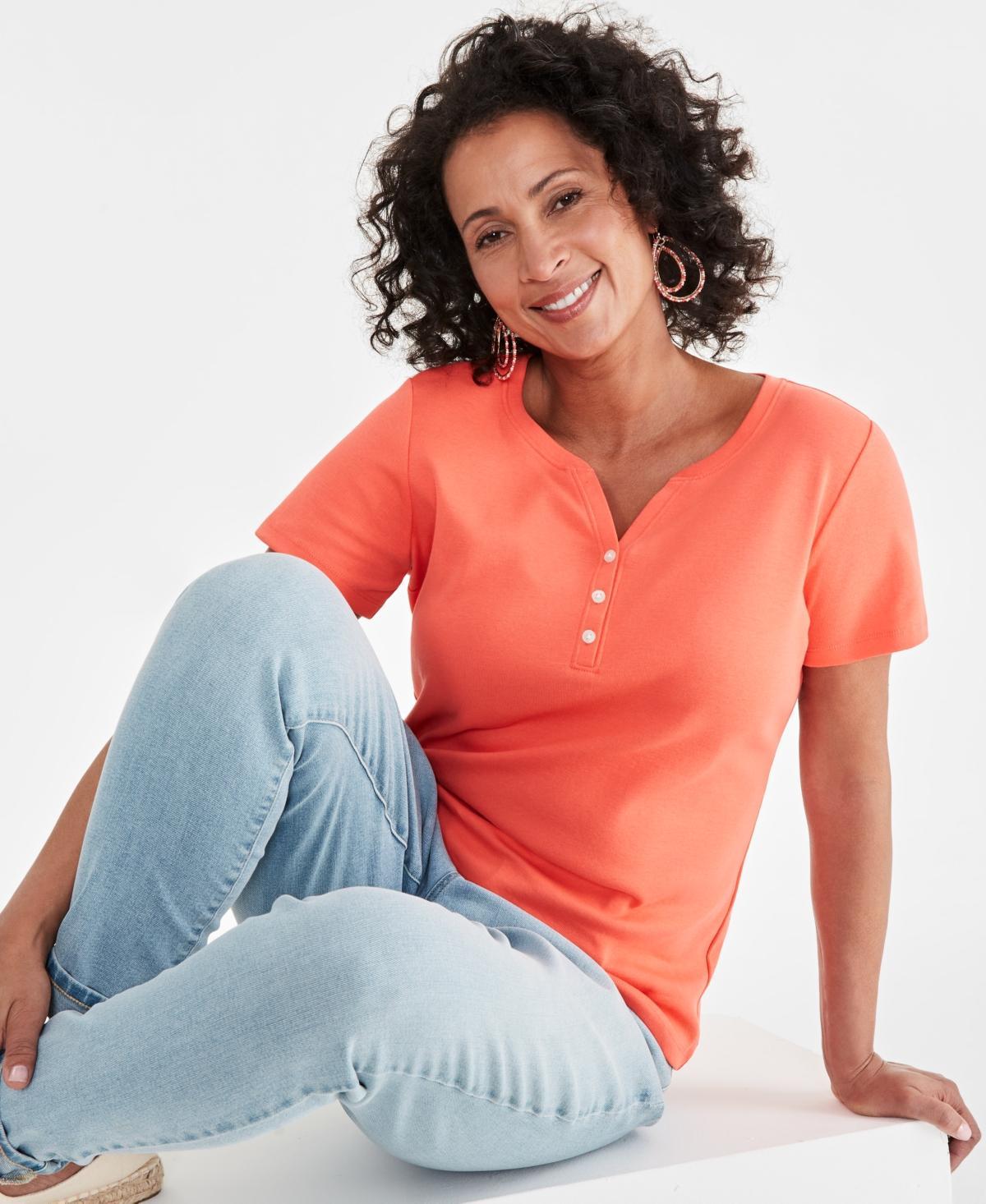 Style & Co Womens Short-Sleeve Cotton Henley Top, Xs-4X, Created for Macys Product Image