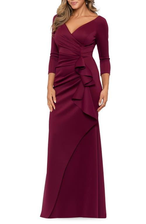 Xscape Stretch V-Neck 34 Sleeve Pleated Draped Gown Product Image