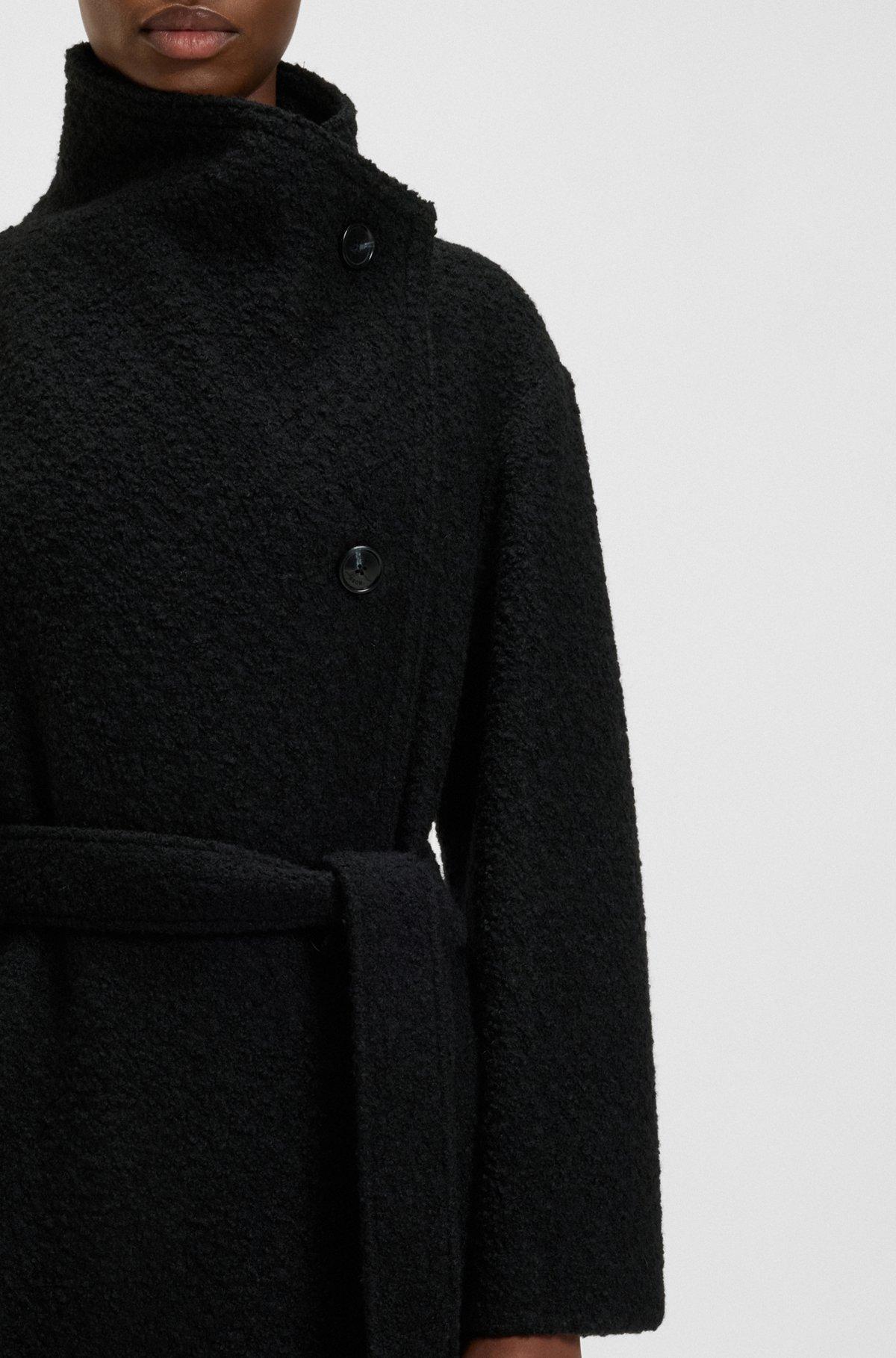 Bouclé coat with belt and stand collar Product Image