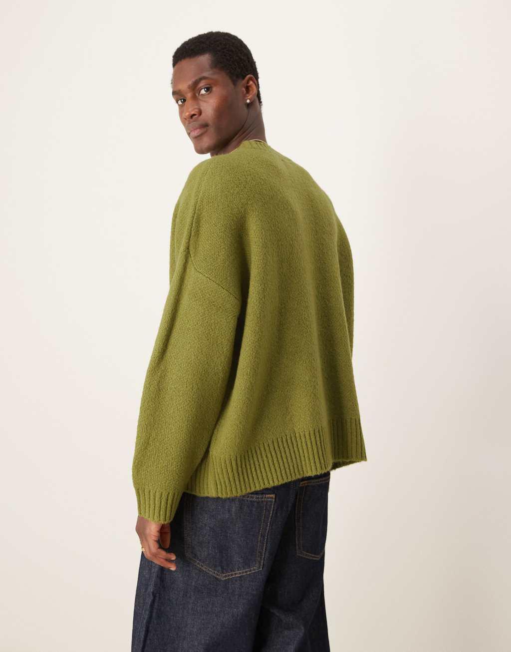 ASOS DESIGN super oversized boxy fit brushed knit crew neck sweater in khaki Product Image