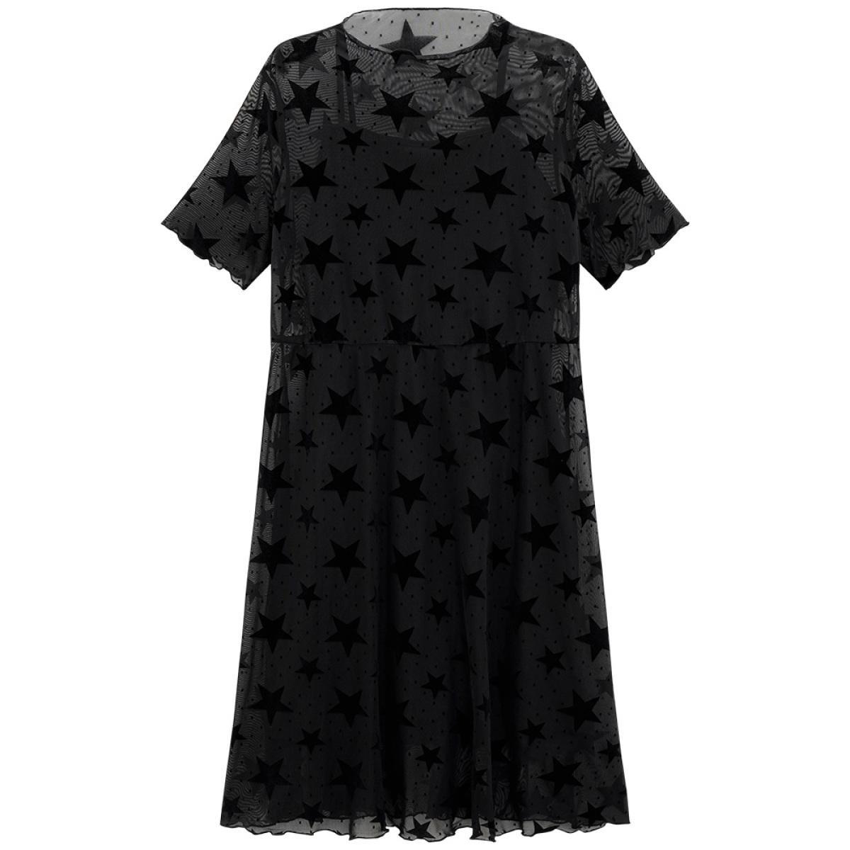 Plus Size Star Graphic Mesh Elastic Waist Midi Dress Black Women Glamour See through Round Neck Short sleeve Curvy Midi Dress BloomChic 28/5X Product Image