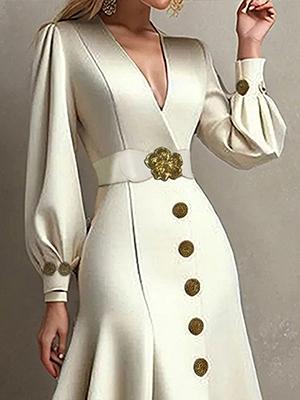 Loose Puff Sleeves Pleated Split-Joint Tied Waist V-Neck Midi Dresses Product Image