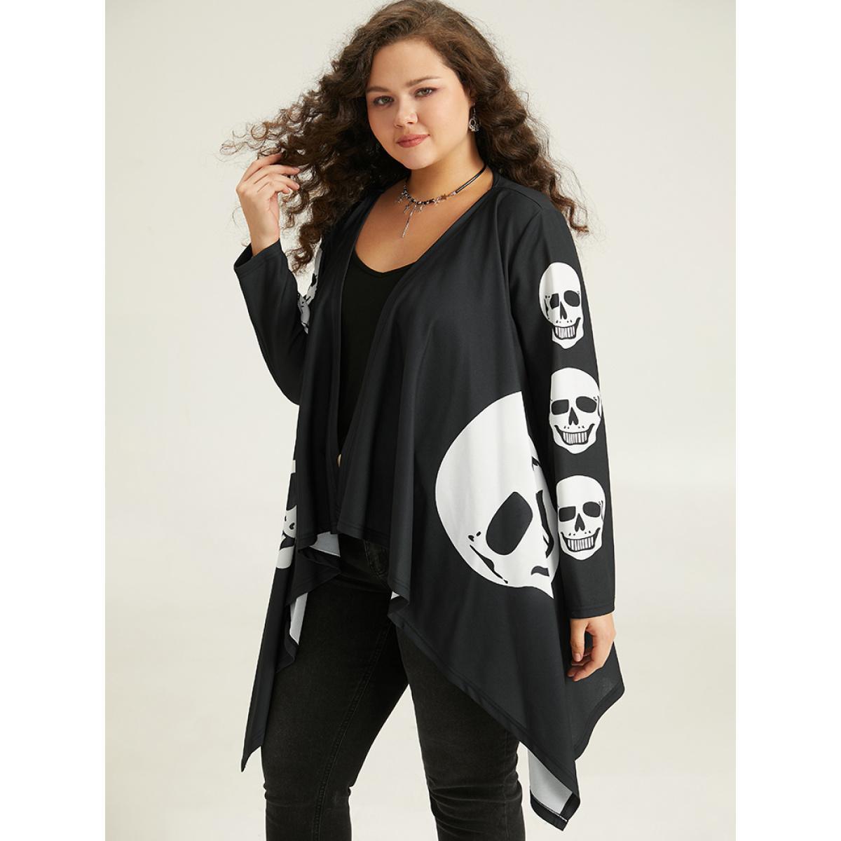 Plus Size Halloween Skull Print Asymmetrical Hem Drape Kimono Women Black Casual Drape Loose Dailywear Kimonos BloomChic 22-24/3X Product Image