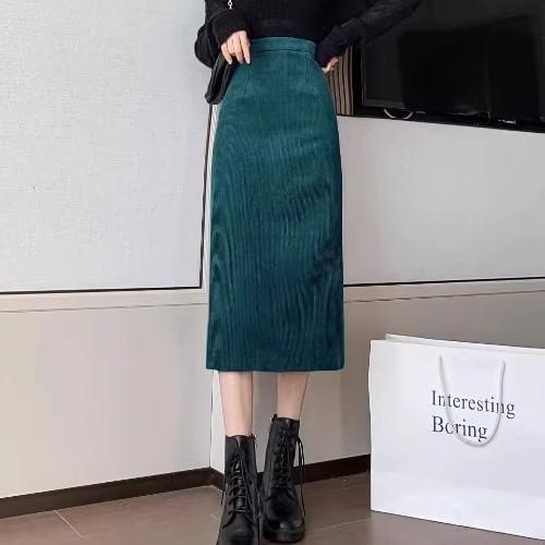 Elastic Waist Plain Slit Corduroy Midi H-Line Skirt Product Image