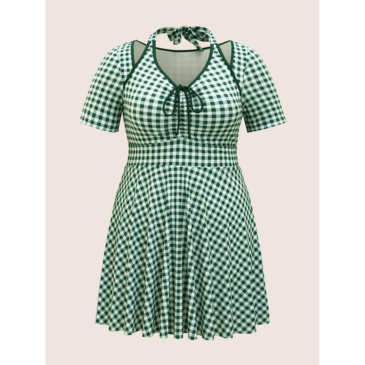 Plus Size Gingham Patchwork Drawstring Tie Knot Swim Dress Women's Swimwear Truegreen Beach Bodycon V-neck High stretch Curve Swim Dresses BloomChic 14-16/1X Product Image