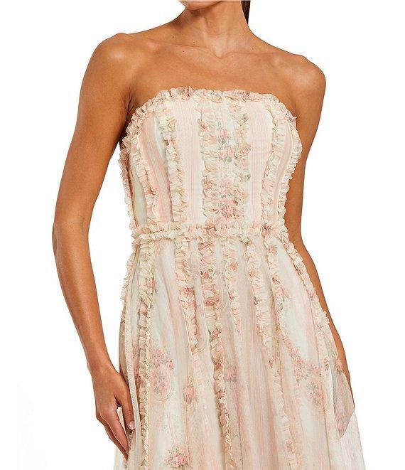 Mac Duggal Strapless Floral Print Micro Ruffle Mesh Maxi Dress Product Image