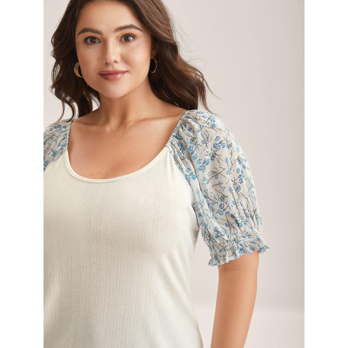 Plus Size Floral Puff Sleeve Textured T-Shirt Beige Women Texture U-neck Everyday-Elegant T-shirts BloomChic 12/L Product Image