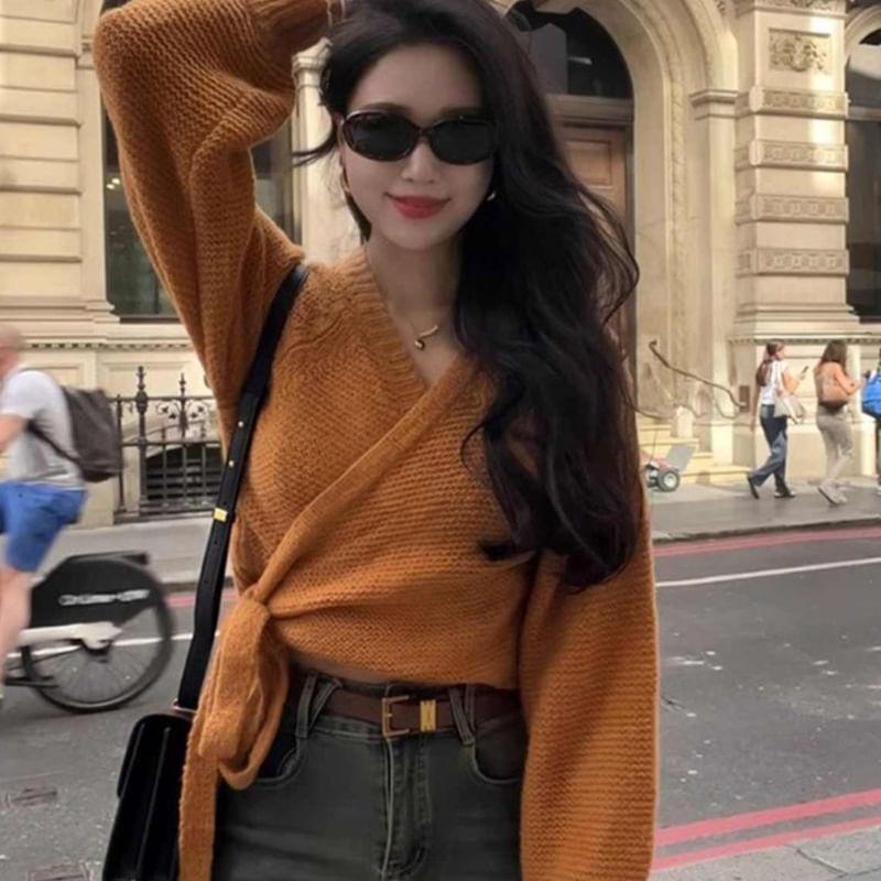Long-Sleeve V-Neck Plain Tie-Side Crop Sweater Product Image